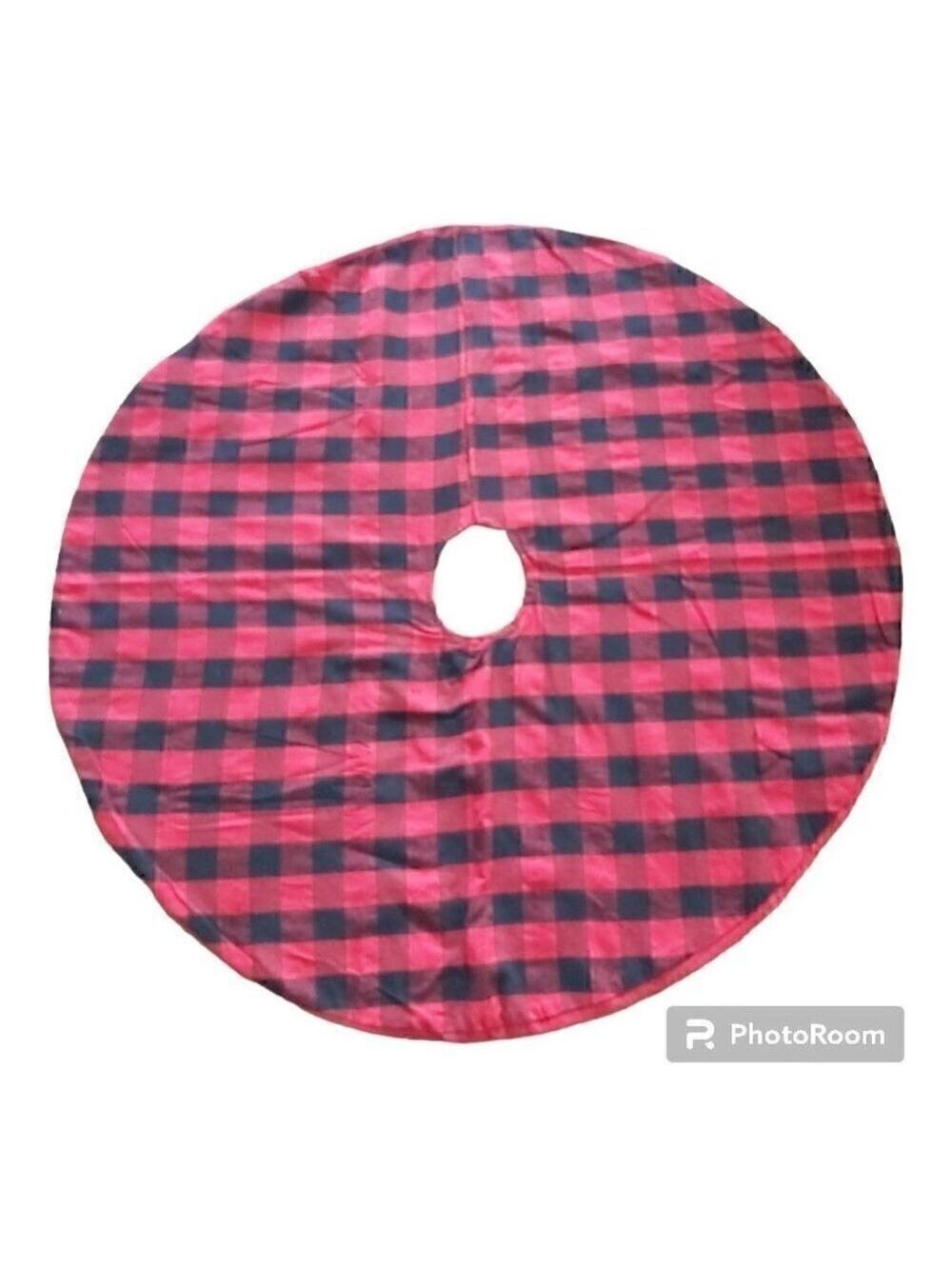 Nwot Large Red/Black Checkered Christmas Tree Skirt With Red Ribbon Trim-35 Inch